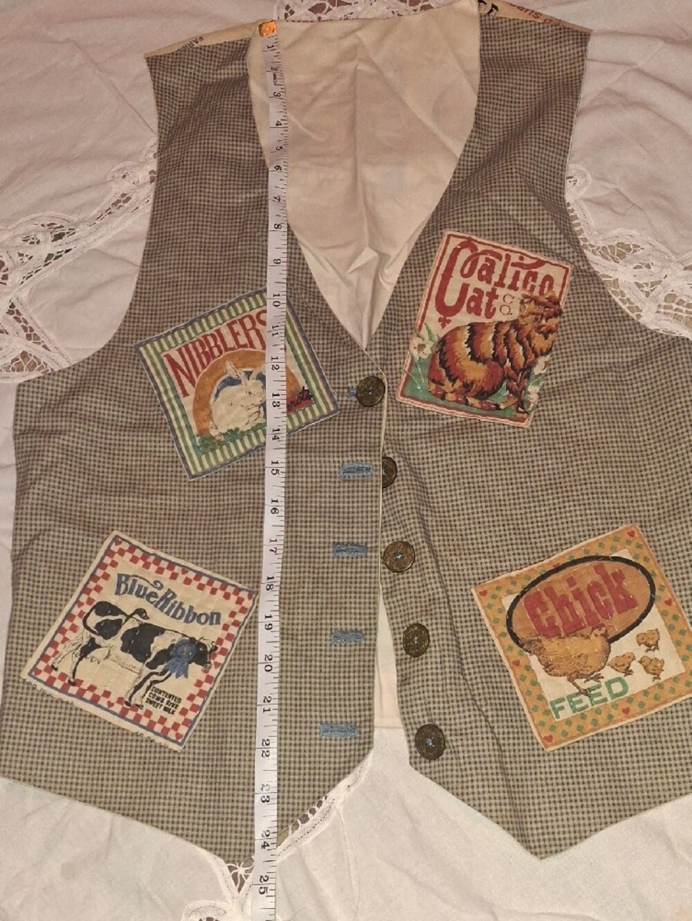 Vintage Patchwork Shabby Chic Vest in Beige with Animal & Feed Seed Patches - Picture 4 of 4